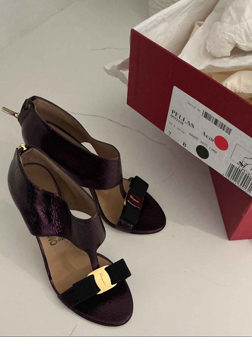 Salvatore Ferragamo Grape Metallic Vara Bow Ankle-Strap Heels
